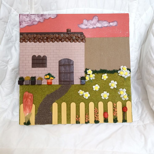 Handmade canvas painting 40x40 with house and garden