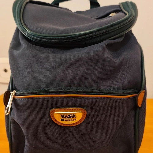 Delsey Visa mini backpack used, dark blue with leather details