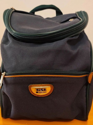 Delsey Visa mini backpack used, dark blue with leather details