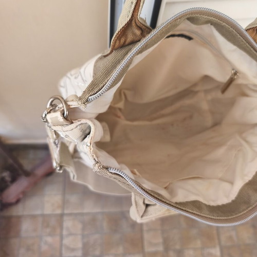 Sisley women's handbag used, beige, two carrying styles, embroidered logo