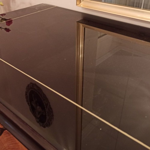 Living room buffet used, wood with black glass surface