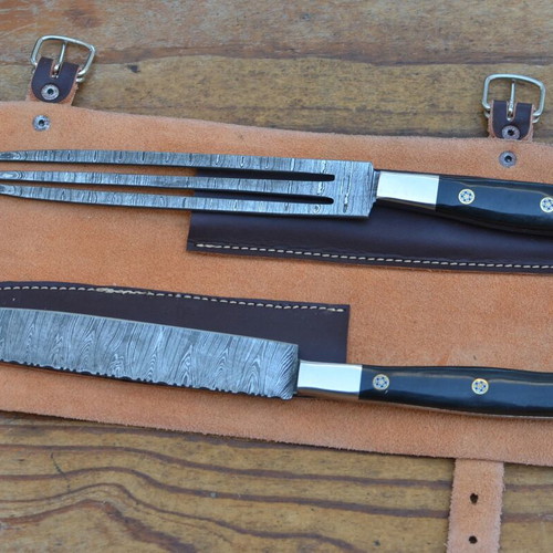 Damascus Hand Forged Knife and Fork BBQ Hunting Set from The Eagle Collection 5772