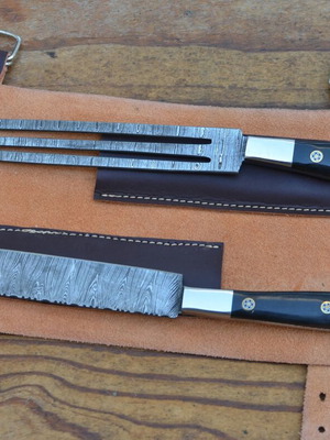 Damascus Hand Forged Knife and Fork BBQ Hunting Set from The Eagle Collection 5772