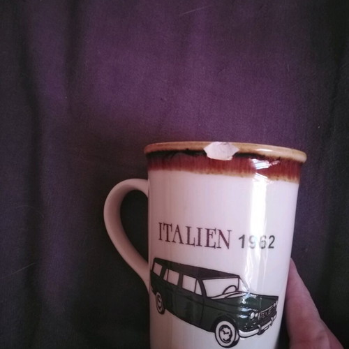 Staffordshire ceramic mugs used, set of 2 with vintage car designs