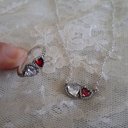 Pandora silver set heart design like new, red and silver