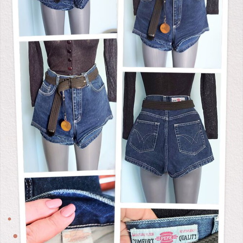 Vintage women's set with Pepe denim shorts, Alessa vest and Renato Balestra belt like new