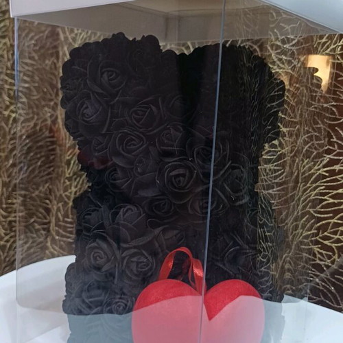 Bear made of artificial roses new, black with red heart