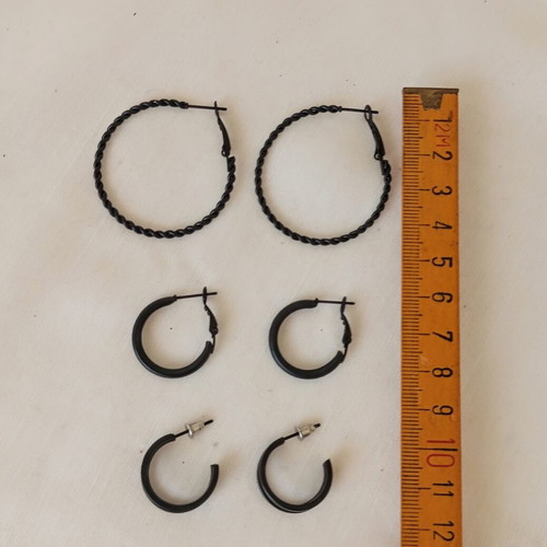 Set of 3 Black Stainless Steel Hoop Earrings new