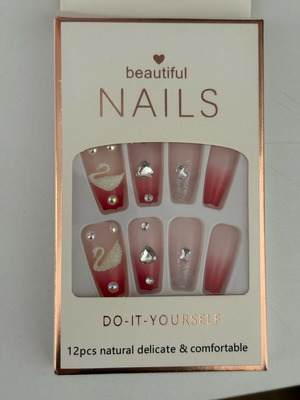 Press-on nails new with rhinestones and swan design, set of 12