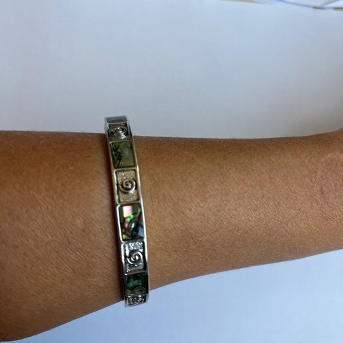 Steel bangle bracelet with abalone shell inlays new