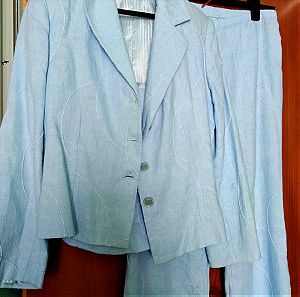 γυναικείο κοστούμι σετ λινό κεντημένο γαλαζιο