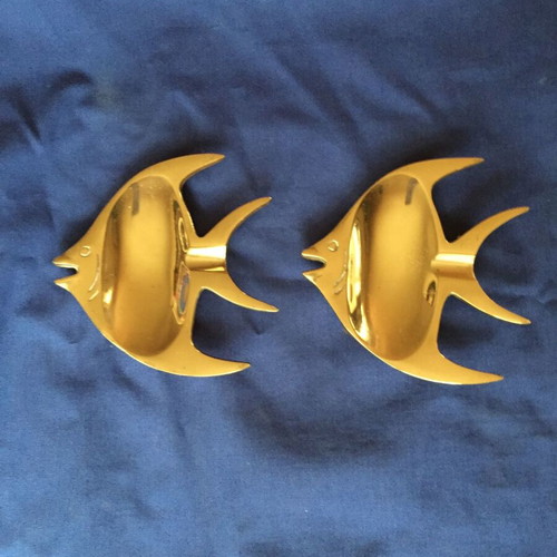 Brass decorative ashtrays used, vintage fish-shaped set
