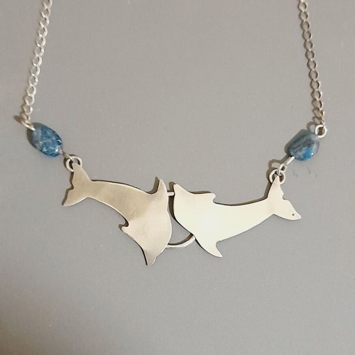 Dolphin pendant silver 925 with chain and semi-precious stones new