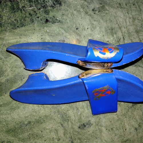 Retro children's wooden clogs used, blue nautical design 1970s