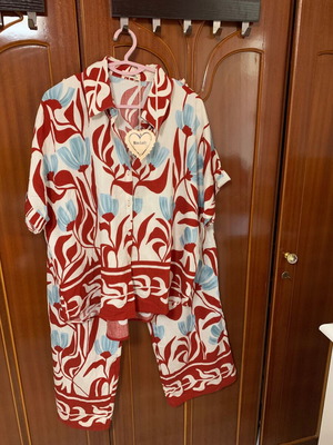 Viscose pants and shirt set, white and red, size M/L