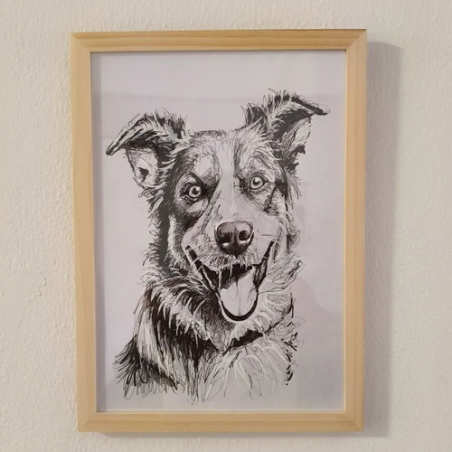 Handmade Dog Portrait Ink and Pencil A4 with Natural Wood Frame