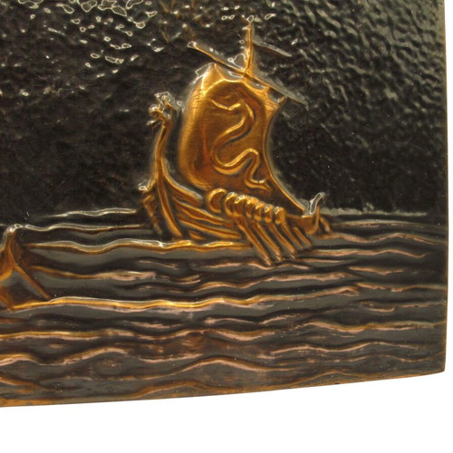 Copper panel with Viking ships like new, vintage wall decoration