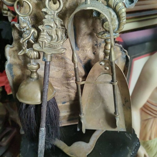 Antika fireplace tool set used, bronze with Napoleon Bonaparte figure