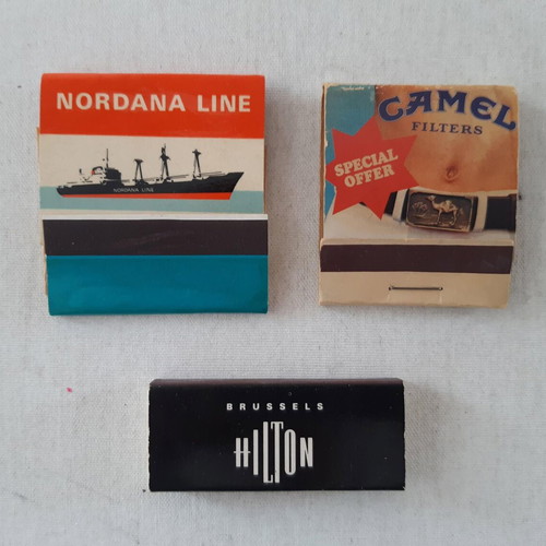 Nordana Line, Camel, Hilton promotional matchboxes used, set of 3