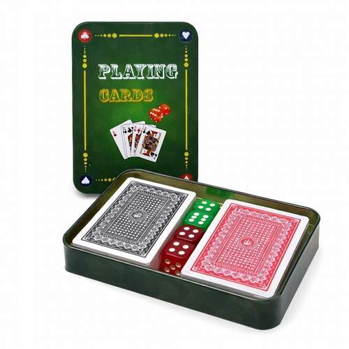 Laminated playing card set 2 pieces with 4 dice and metal case new