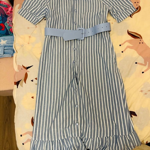 Striped ankle-length dress with belt like new, blue XL