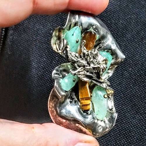 Handmade brooch with natural stones used, aventurine and tiger's eye