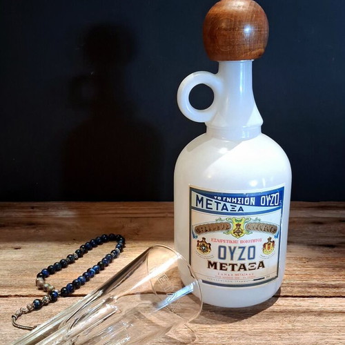 Σετ κεραμική καράφα Ούζο Μεταξά και ποτήρι highball vintage 1980, σαν καινούργιο