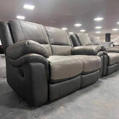 Two-tone gray leather Pluto sofas new with manual reclining mechanism set of two