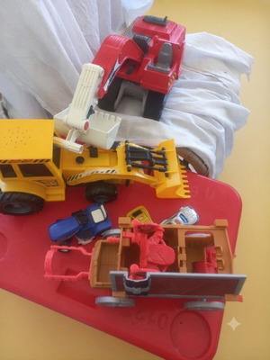 Toy vehicle set used with Playmobil excavator and Fischer Price carriage