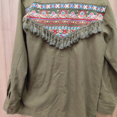 Stradivarius shacket boho embroidered, size S, khaki