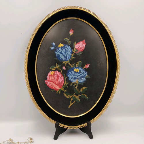 Vintage hand embroidered tapestry used with wooden frame and glass