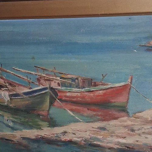 Nikos Maniatis Seascape with Traditional Boats Oil Painting on Hardboard