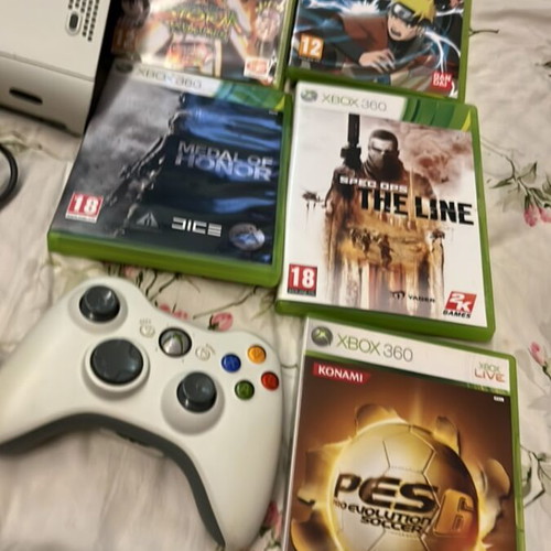 Xbox 360 console for repair with wireless controller, power supply, 5 games, cables
