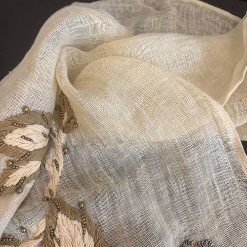 Massimo Dutti Linen Scarf with Embroidery new, beige and gold