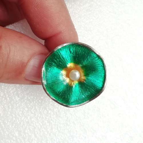 Silver 985 ring with enamel and white freshwater pearl, adjustable size