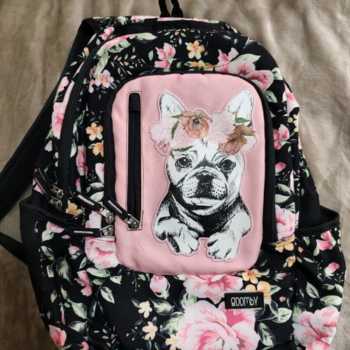 Goomby Frenchie & Flowers school backpack used with floral design