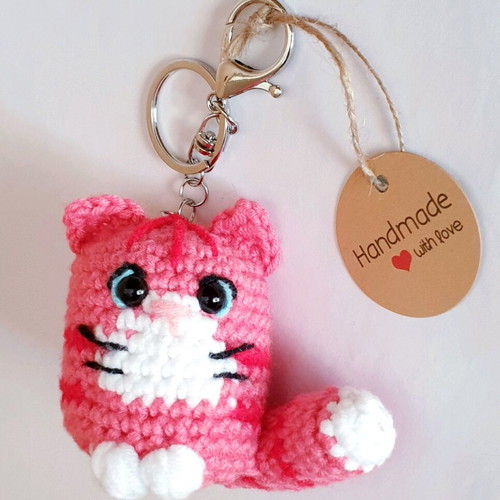 Pink Amigurumi Cat Bag Charm Keychain Handmade New