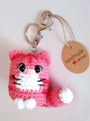 Pink Amigurumi Cat Bag Charm Keychain Handmade New