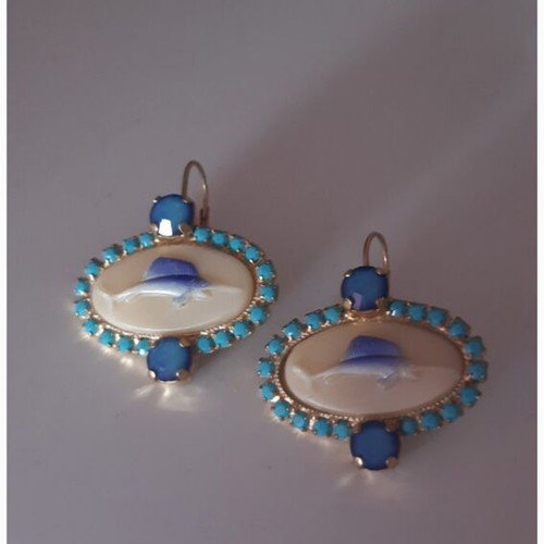 Earrings handmade with turquoise stones and enamel dolphins like new