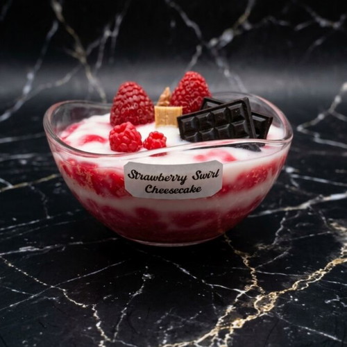 Strawberry Swirl Cheesecake candle in glass bowl