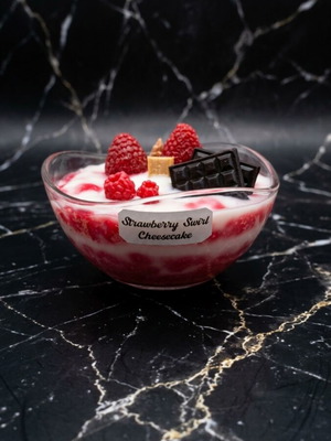 Strawberry Swirl Cheesecake candle in glass bowl