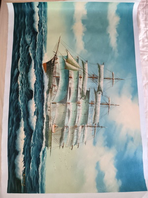 Large Oil Painting Seascape with Sailing Ship by Kwang