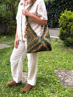 Handmade knitted boho shoulder bag, green tones