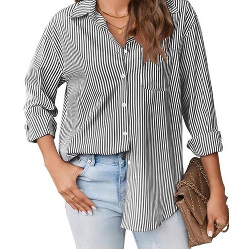 Cuptacc women's striped shirt with V-neck, long sleeves, pocket, size L