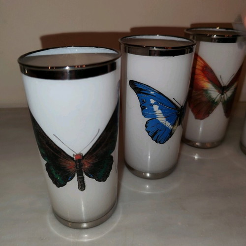 Vintage opaline glasses (5) with butterfly motifs and silver rim refurbished