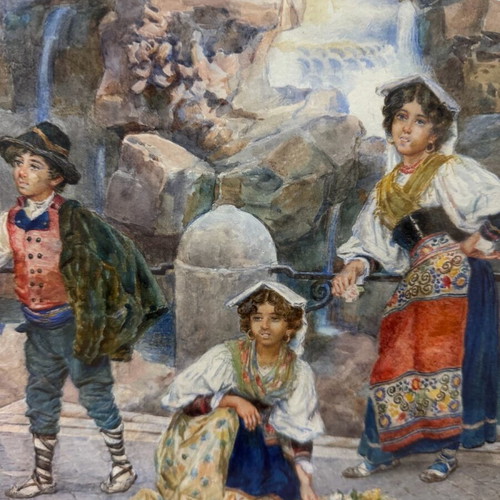 Υδατογραφία Ettore Ascenzi μεταχειρισμένη με θέμα Fontana Di Trevi σε ιταλική κορνίζα