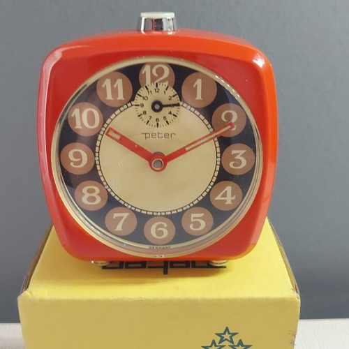 Peter vintage metal alarm clock, new in box, 1960s