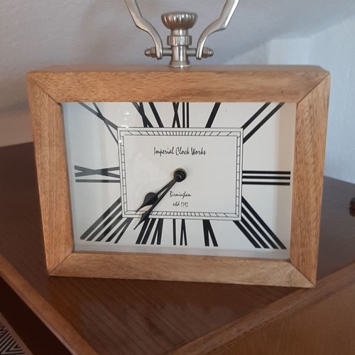 Table clock analog used, wooden frame, like new