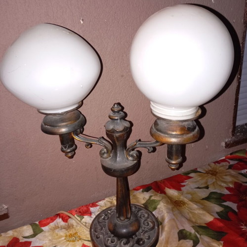 Vintage brass table lamp with two globe shades used, authentic handmade