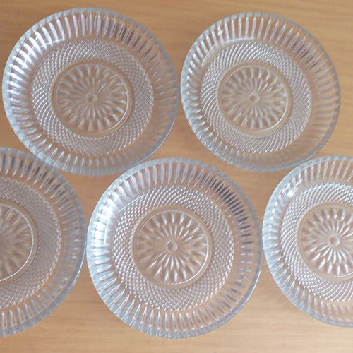 Vintage glass dessert plates used, set of 5